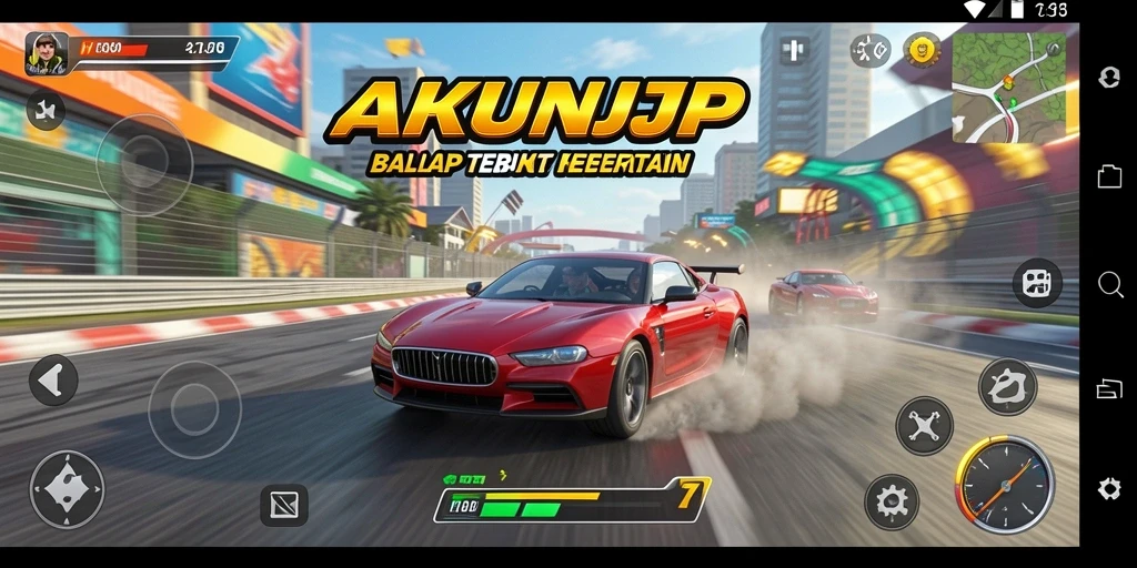 Screenshot gameplay AKUNJP yang menampilkan mobil balap sedang melaju di lintasan.