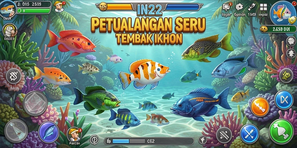 Screenshot gameplay IN22 dengan aksi menembak ikan.