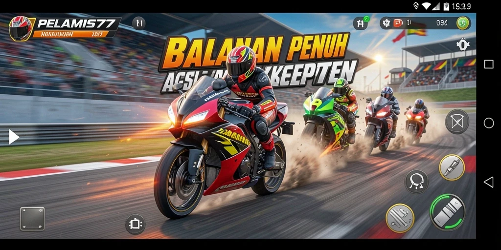 Tampilan gameplay menegangkan dari PELAMIS77 saat balapan motor.