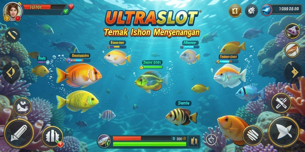 Screenshot ULTRASLOT menampilkan aksi seru menembak ikan yang berwarna-warni.